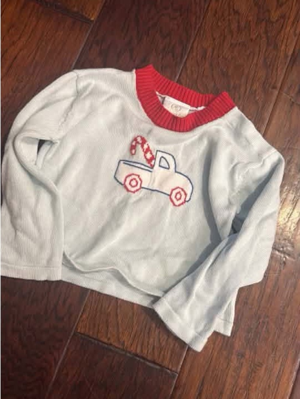 Light Blue Kids Sweater with Red Trim and Tow Truck Applique